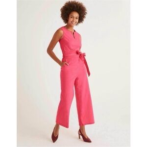 Boden Fleur Notch Neck Pink Cotton Linen Tie Waist Wide Leg Jumpsuit Size 10